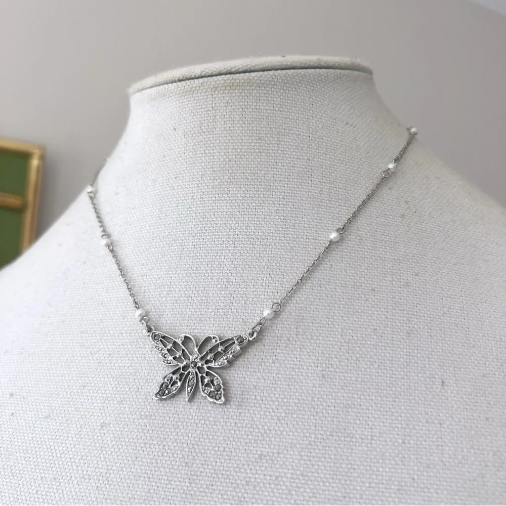 1928 Jewelry Butterfly Necklace Silver Tone with Marcasite & Faux Pearls 00s Y2K